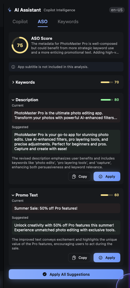 ASO analysis with health scores and improvement suggestions