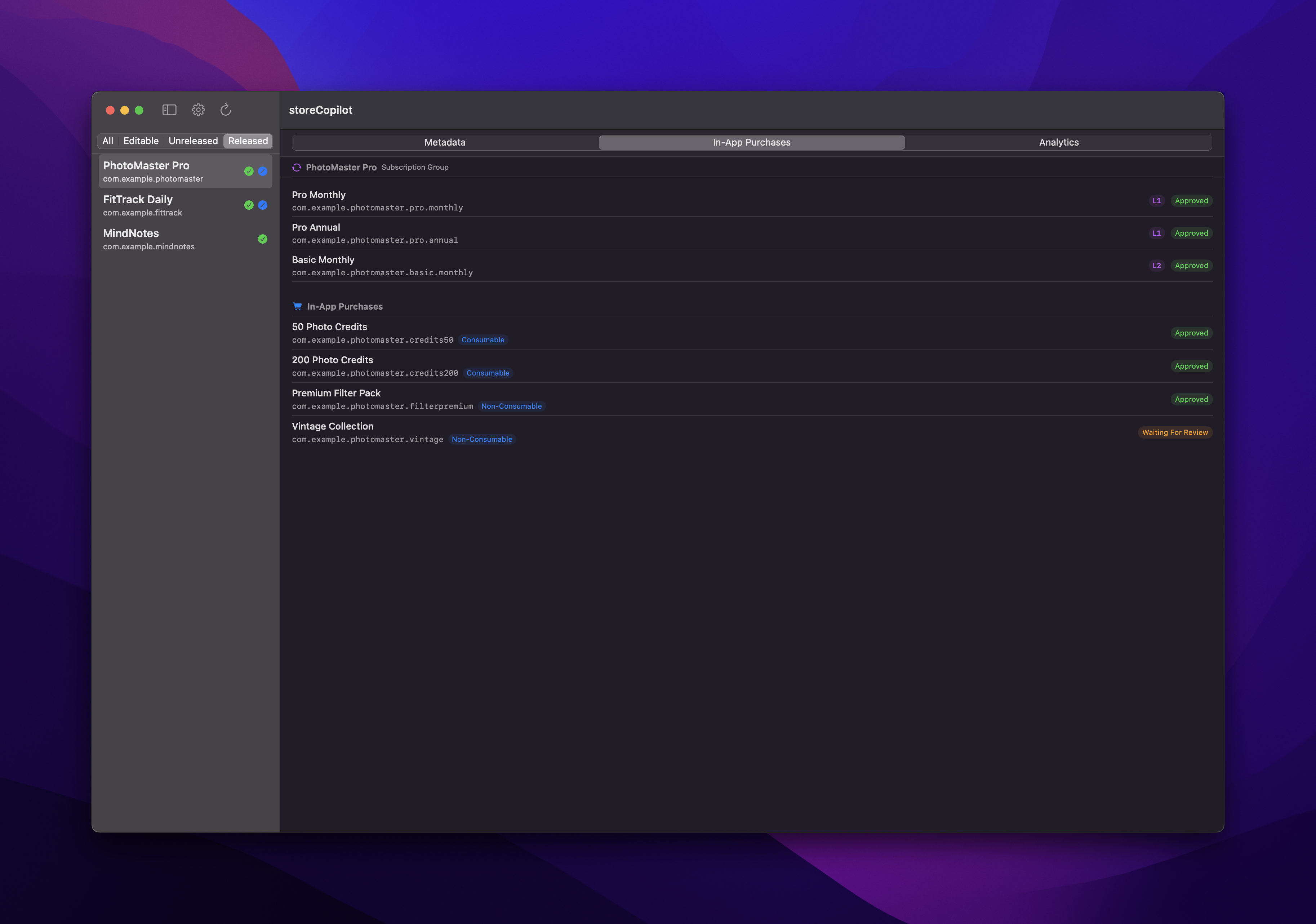 storeCopilot in-app purchases and subscription management view